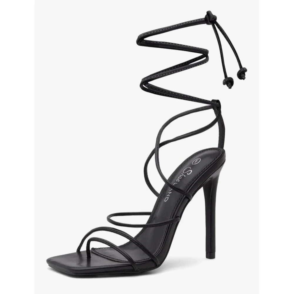 NIB Elegant Lace Up Stilletto Heels Black Square Toe Sandals Womens 9 New
